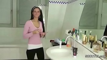 german step sister caught in bathroom and helps with handjob