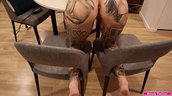 BIG TIT Big Thick ASS Tattooed Milf Gets Fucked Hard While Trying To Film Herself with Her Legs Spread On Two Chairs POV - Melody Radford